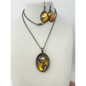 Vintage Artisan Glass Pendant Necklace Earrings Set Brown Black Swirl Oval